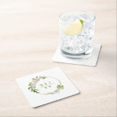 水彩フローラ緑リースモノグラム結婚ズ スクエアペーパーコースター (インサイチュ)