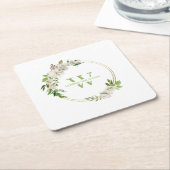 水彩フローラ緑リースモノグラム結婚ズ スクエアペーパーコースター (アングル)