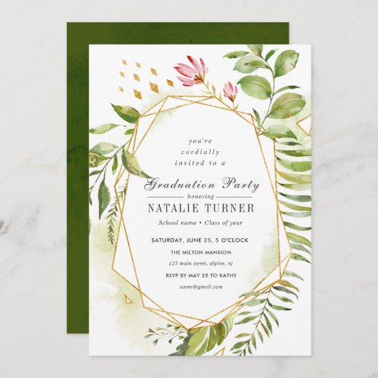 水彩フローラ緑葉卒業パーティー 招待状 (正面/裏面)