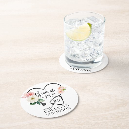 水彩フローラ聴診器ナース卒業 ラウンドペーパーコースター (インサイチュ)