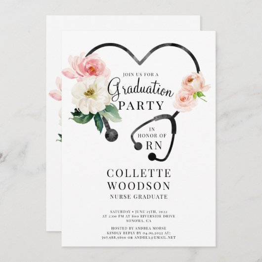 水彩フローラ聴診器ナース卒業 招待状 (正面/裏面)