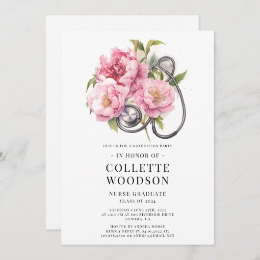 水彩フローラ聴診器ナース卒業 招待状 (正面/裏面)