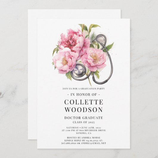 水彩フローラ聴診器医科卒業 招待状 (正面/裏面)