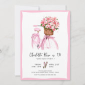 水彩フローラ自転車ピンクバースデーパーティー 招待状 (正面)