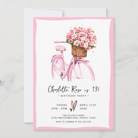 水彩フローラ自転車ピンクバースデーパーティー 招待状 (正面)
