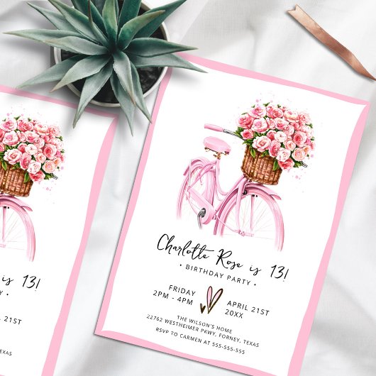 水彩フローラ自転車ピンクバースデーパーティー 招待状