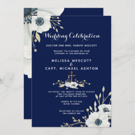 水彩フローラ航海のネイビー結婚ズ 招待状