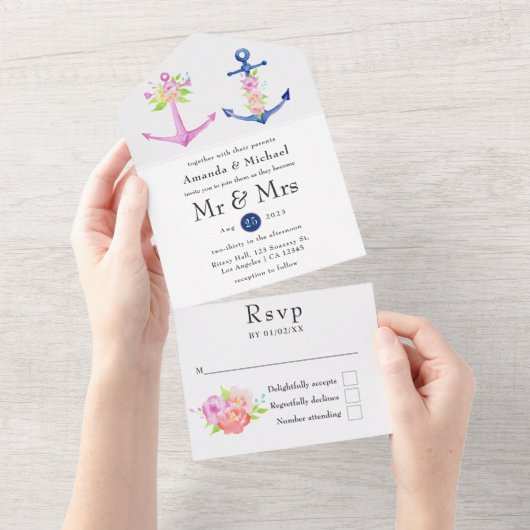 水彩フローラ航海の結婚の オールインワン招待状 (貼ってはがせる)