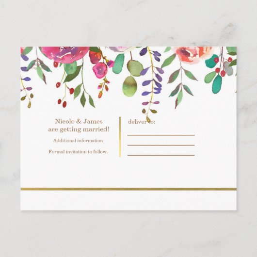 水彩フローラ花モダン保存日 案内ポストカード (裏面)