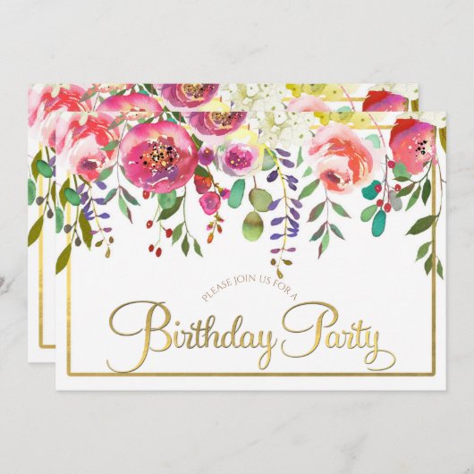水彩フローラ花モダン誕生会 招待状 (正面/裏面)