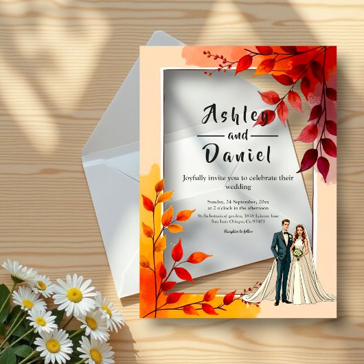 水彩フローラ花嫁と花婿秋の結婚式 アクリル招待状