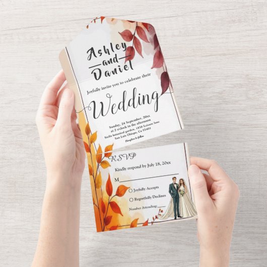 水彩フローラ花嫁と花婿秋の結婚式 オールインワン招待状 (貼ってはがせる)