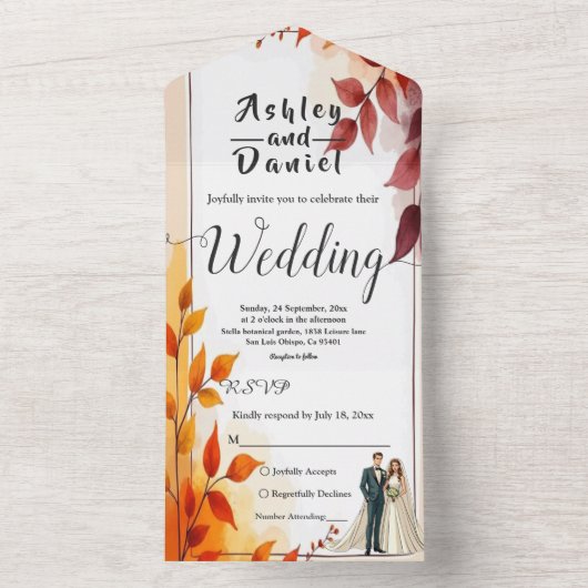 水彩フローラ花嫁と花婿秋の結婚式 オールインワン招待状 (内側)
