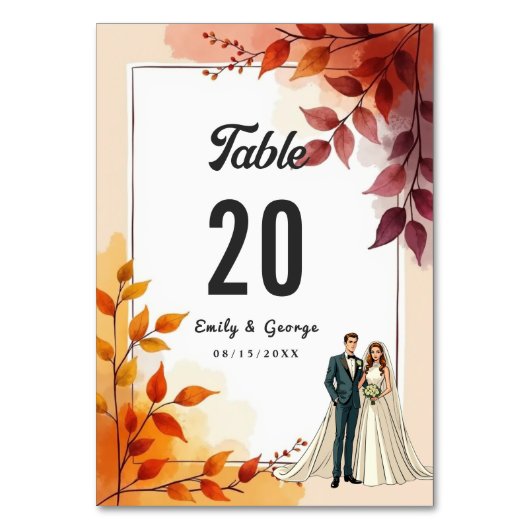 水彩フローラ花嫁と花婿秋の結婚式 テーブルナンバー (正面)