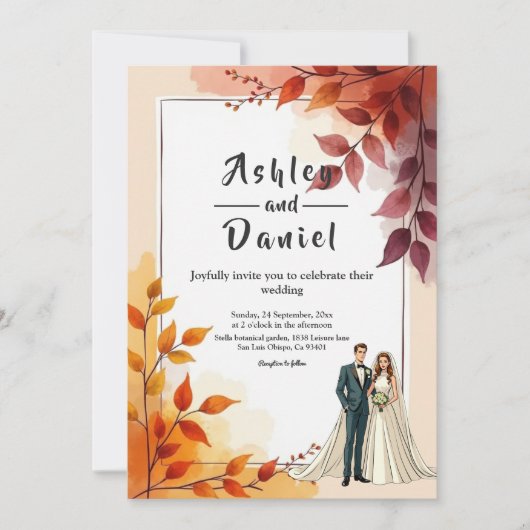 水彩フローラ花嫁と花婿秋の結婚式 招待状 (正面)