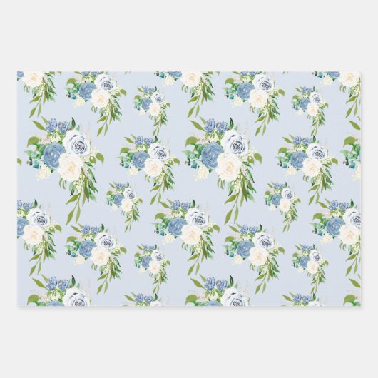 水彩フローラ花模様ほこりっぽい青 ラッピングペーパーシート (正面2)