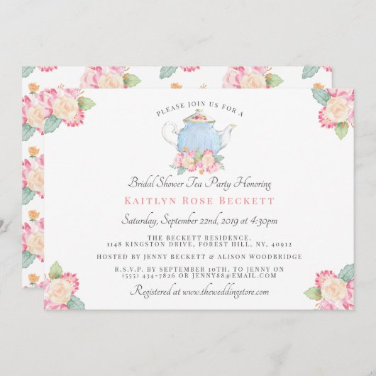 水彩フローラ茶パーティー |ブライダルシャワー 招待状 (正面/裏面)