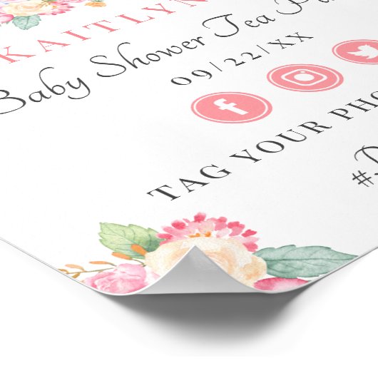 水彩フローラ茶パーティー |赤ちゃんシャワーへようこそ ポスター (角)