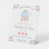 水彩フローラ茶パーティー |赤ちゃんシャワーへようこそ 台座サイン (正面)