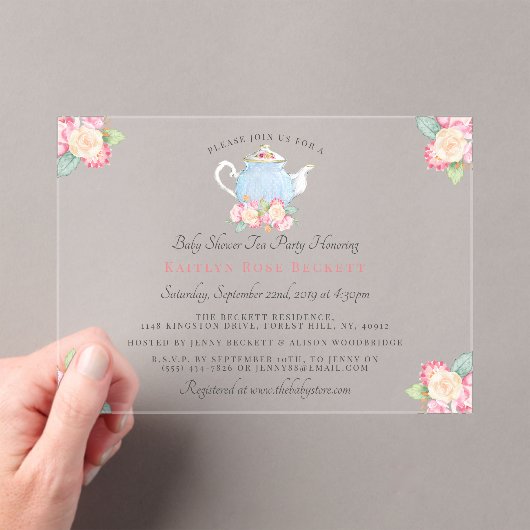 水彩フローラ茶パーティー |赤ちゃんシャワー アクリル招待状 (インサイチュ (ポータブル))