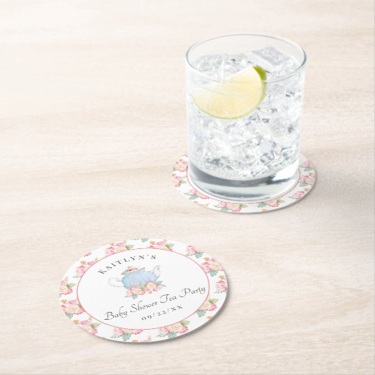 水彩フローラ茶パーティー |赤ちゃんシャワー ラウンドペーパーコースター (インサイチュ)