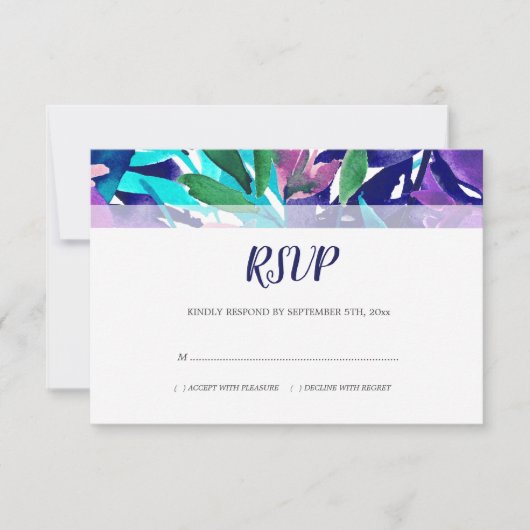 水彩フローラ葉ネイビーパープルアクア結婚ズ 出欠カード (正面)