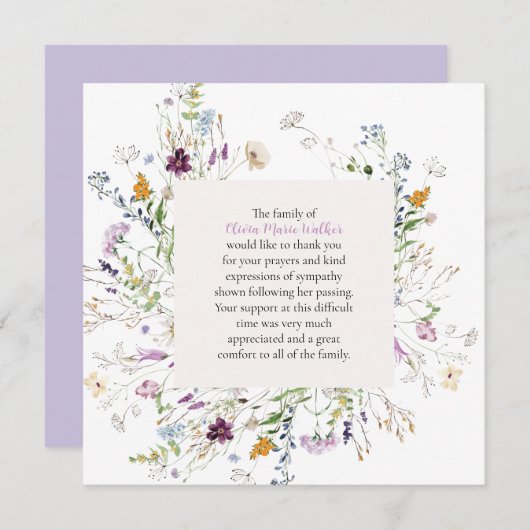 水彩フローラ葬式サンキューノートカード (正面/裏面)