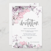 水彩フローラ薄紫ピンクのスプラッシュスクリプ結婚ト 招待状 (正面/裏面)