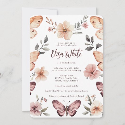 水彩フローラ蝶ブライダルシャワーカスタム 招待状 (正面)