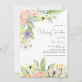 水彩フローラ蝶QRコード誕生日パーティー 招待状 (正面)