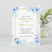 水彩フローラ誕生日招待状ブルー金ゴールド 招待状 (スタンド正面)