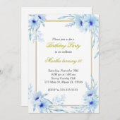 水彩フローラ誕生日招待状ブルー金ゴールド 招待状 (正面/裏面)