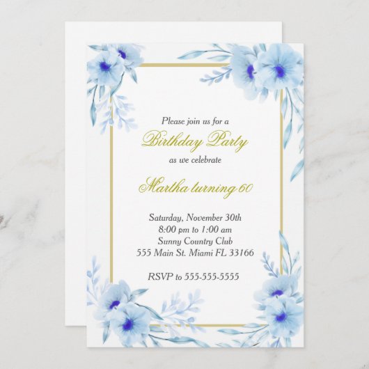水彩フローラ誕生日招待状ブルー金ゴールド 招待状 (正面/裏面)
