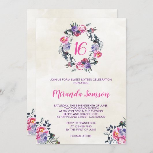 水彩フローラ誕生日招待状 招待状 (正面/裏面)