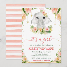 水彩フローラ象ガールベビーシャワー 招待状