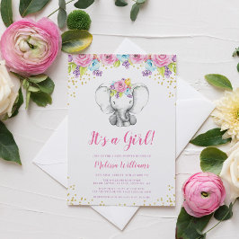 水彩フローラ象ベビーシャワー招待状 招待状
