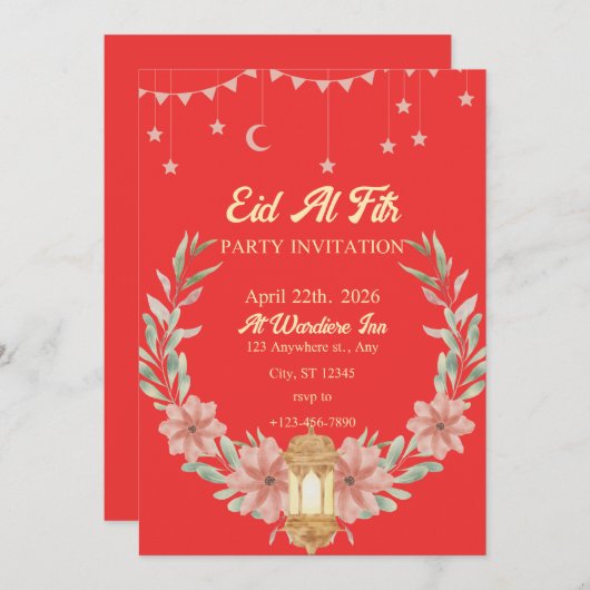 水彩フローラ赤の背景 招待状 (正面/裏面)