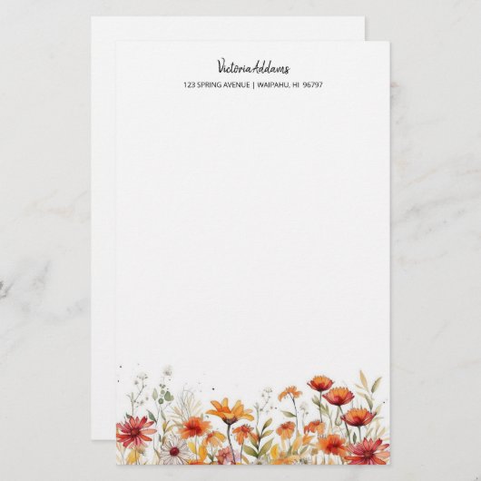水彩フローラ赤オレンジデイジー 便箋 (正面/裏面)