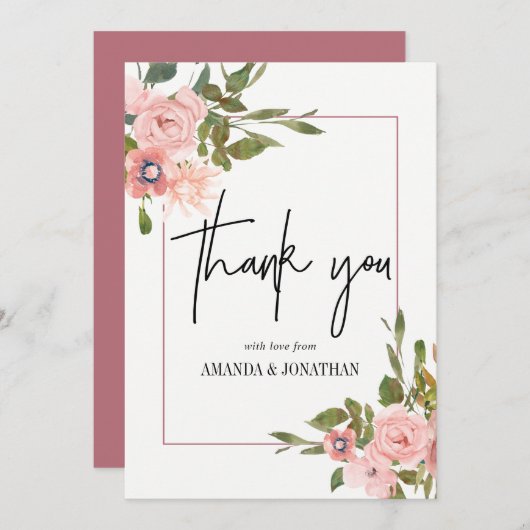 水彩フローラ赤面とバラ金ゴールドありがとう サンキューカード (正面/裏面)