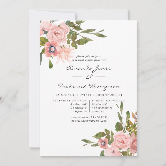 水彩フローラ赤面と金ゴールドリハーサルディナー 招待状 (正面)