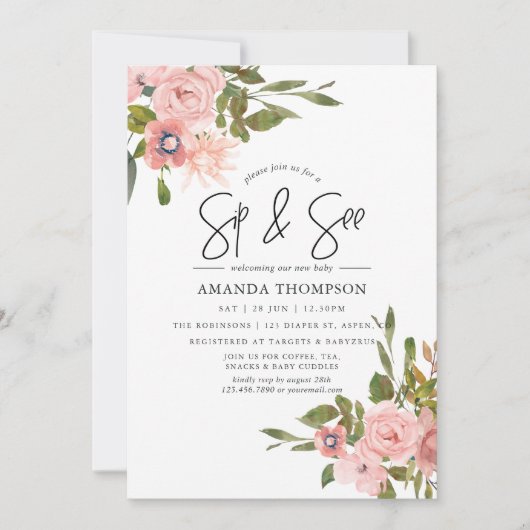 水彩フローラ赤面と金ゴールドsipと参照 招待状 (正面)