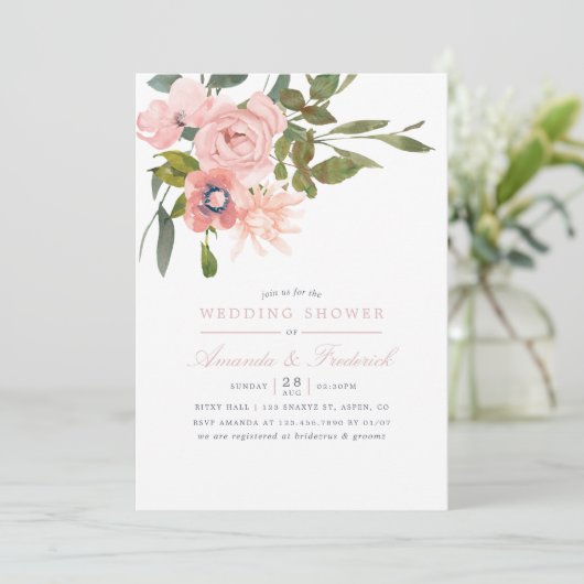 水彩フローラ赤面ピンクウェディングシャワー招待状 招待状 (スタンド正面)