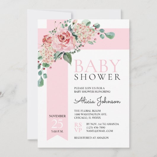 水彩フローラ赤面ピンクガール赤ちゃんシャワー 招待状 (正面)