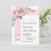 水彩フローラ赤面ピンクガール赤ちゃんシャワー 招待状 (スタンド正面)
