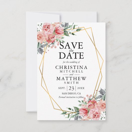 水彩フローラ赤面ピンクグリーン結婚ズ セーブザデート (正面)