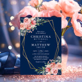 水彩フローラ赤面ピンクネイビーブルー結婚ズ 招待状