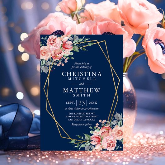 水彩フローラ赤面ピンクネイビーブルー結婚ズ 招待状
