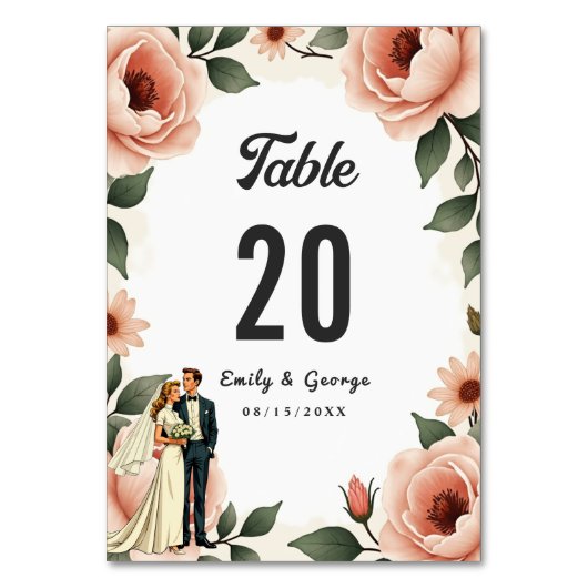 水彩フローラ赤面ピンクブライド&グルームズ結婚ズ テーブルナンバー (裏面)