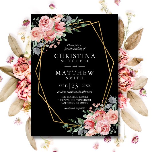 水彩フローラ赤面ピンクブラック結婚ズ 招待状