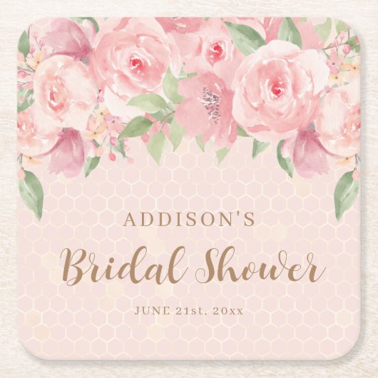 水彩フローラ赤面ピンク金ゴールドブライダルシャワー スクエアペーパーコースター (正面)